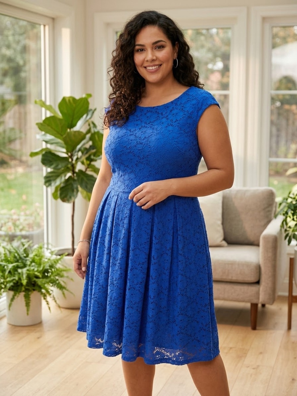 Alfani Cobalt Blue Lace Fit-and-Flare Midi Dress